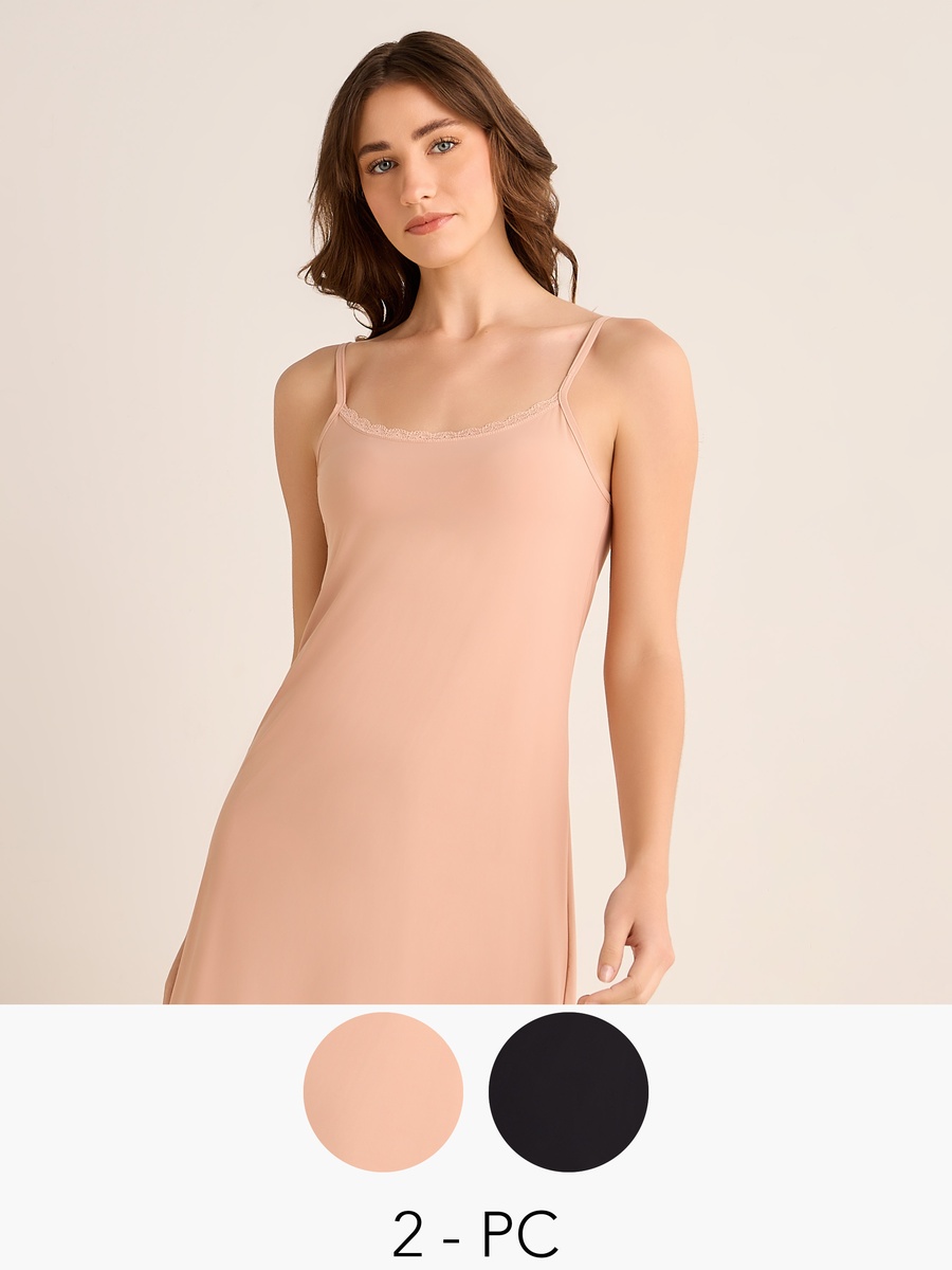 Set of 2 - Sleeveless Lace Trim Short Slip Dress