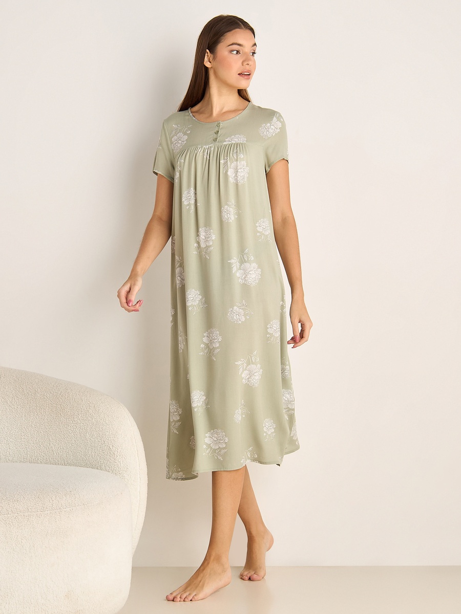 Short Sleeves Floral Print Viscose Night Dress
