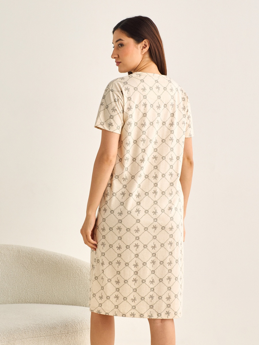 Short Sleeves Palm Tree Print Cotton Night Dress