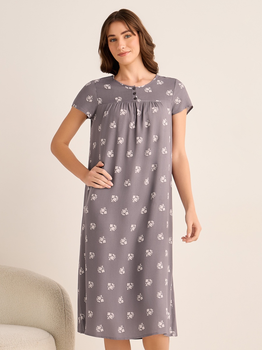 Short Sleeves Viscose Night Dress with Floral Print