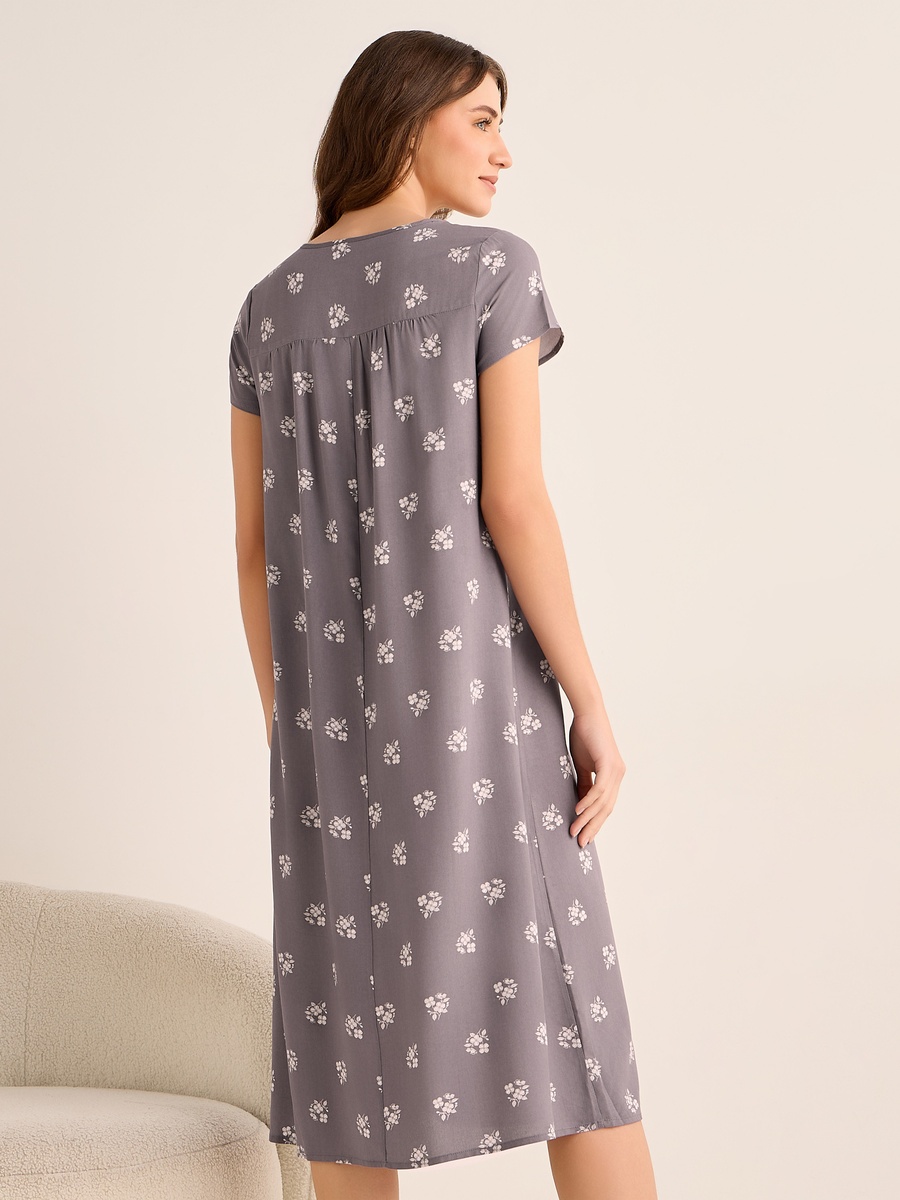 Short Sleeves Viscose Night Dress with Floral Print