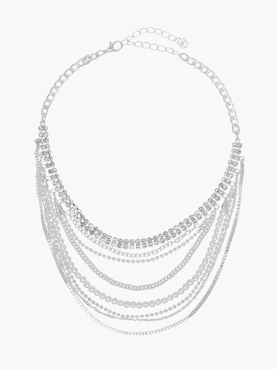 Silver Tone Layered Choker Necklace with Embellished Detail
