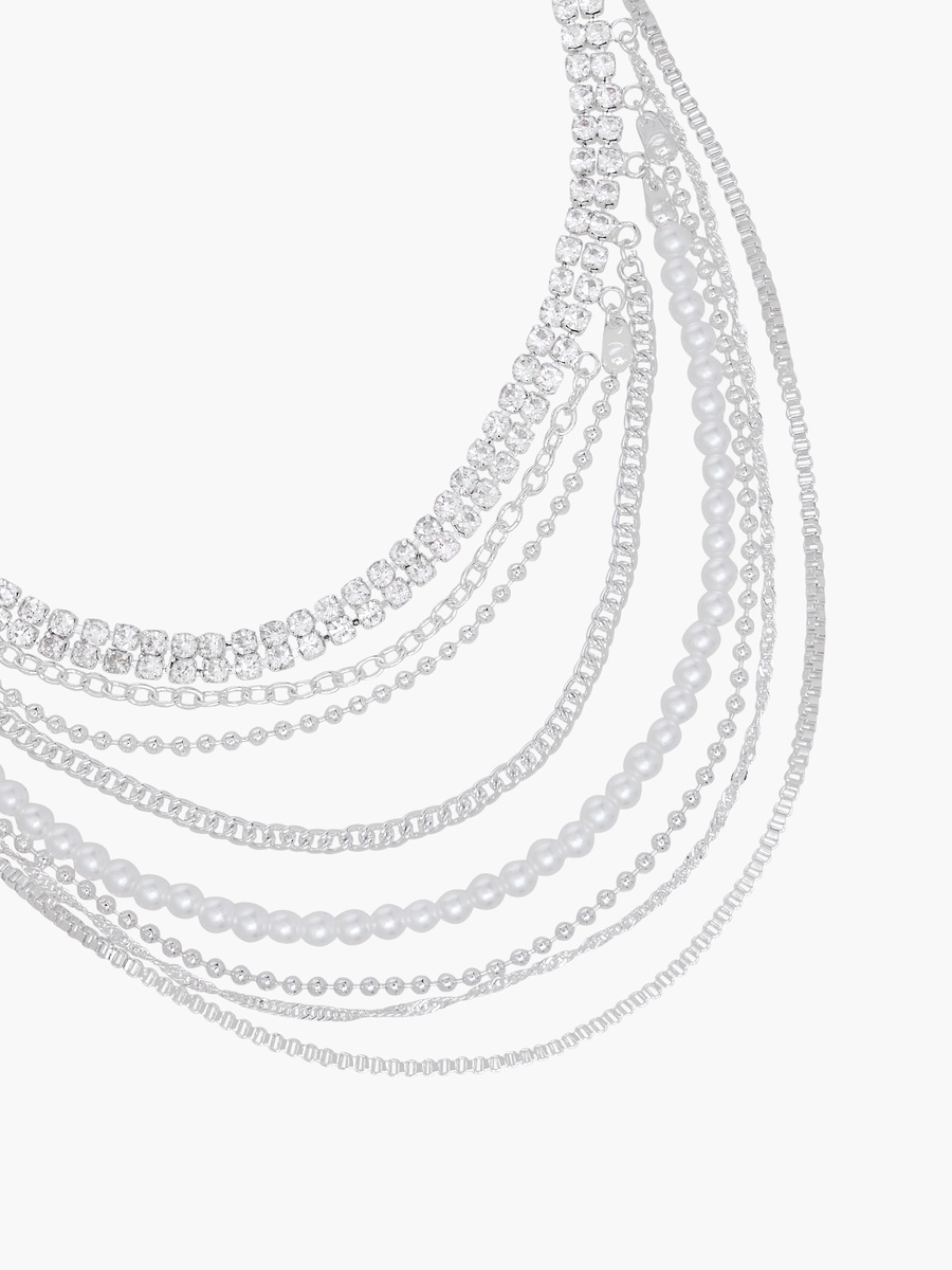Silver Tone Layered Choker Necklace with Embellished Detail