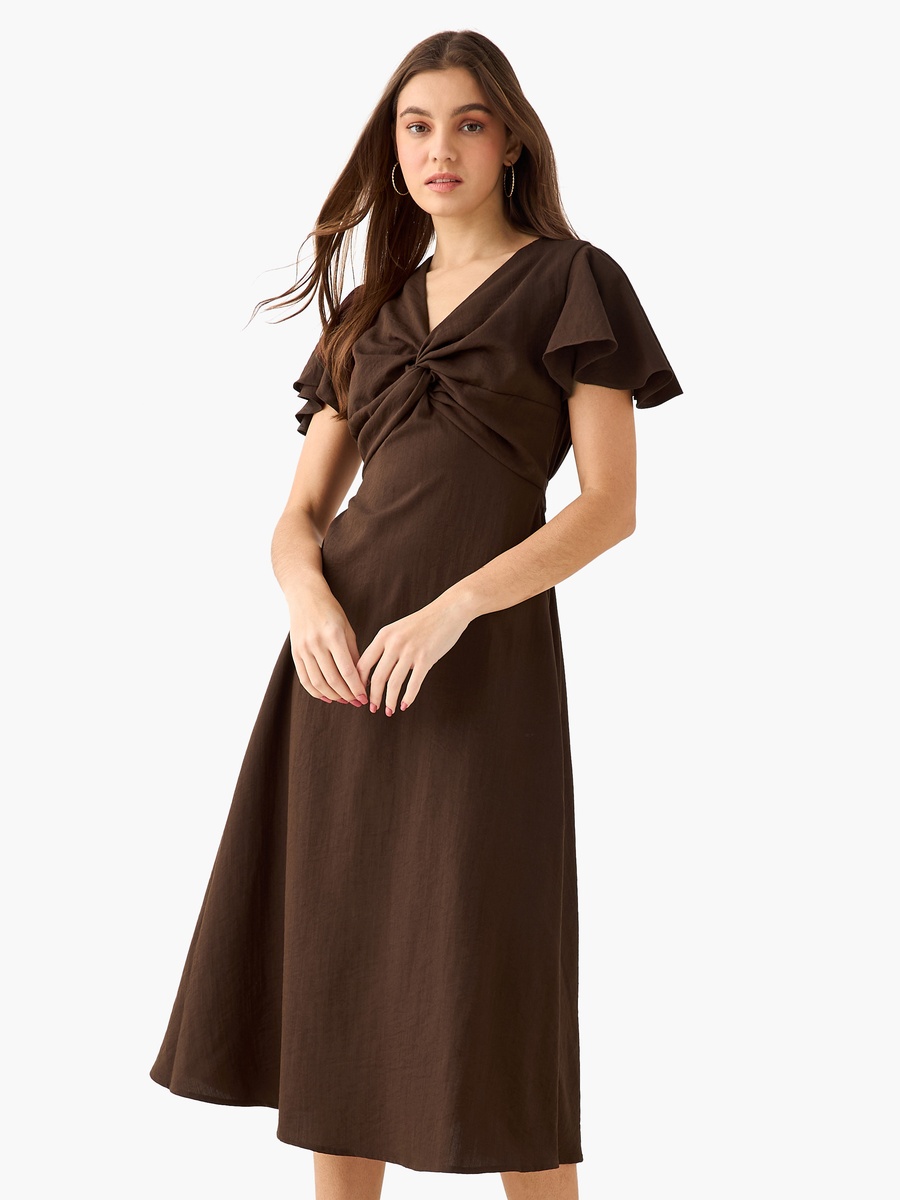 Twisted Midi A-Line Dress with Angel Sleeves