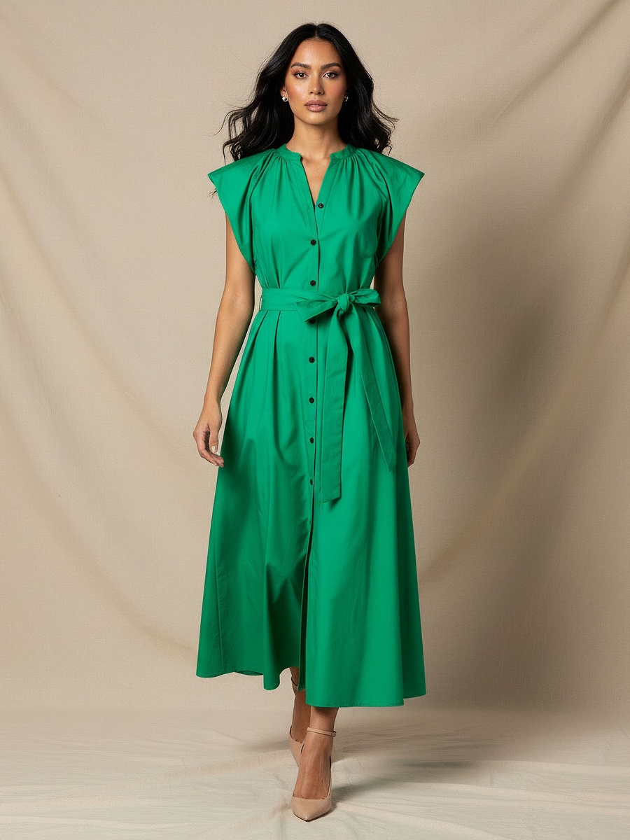 Plain A-Line Dress with Tie-Up Belt