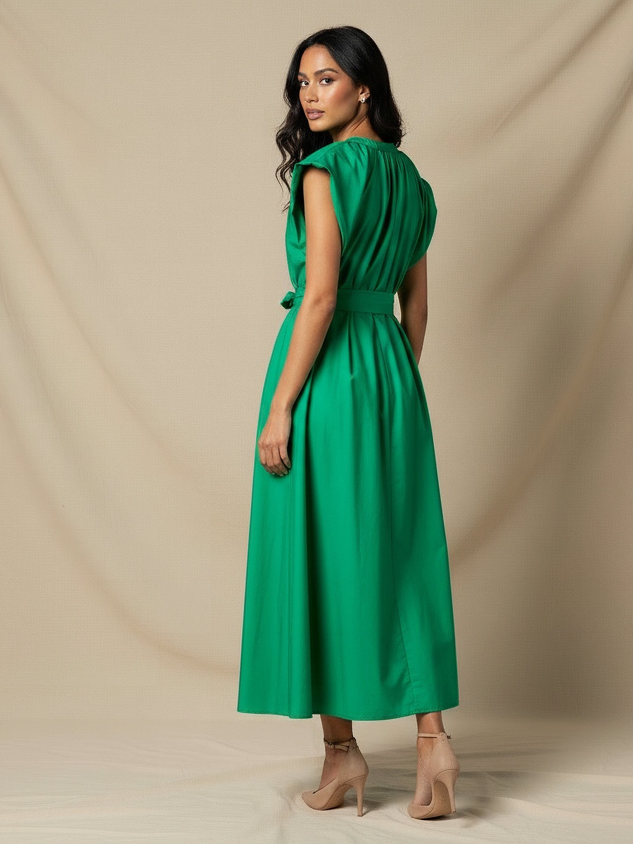 Plain A-Line Dress with Tie-Up Belt
