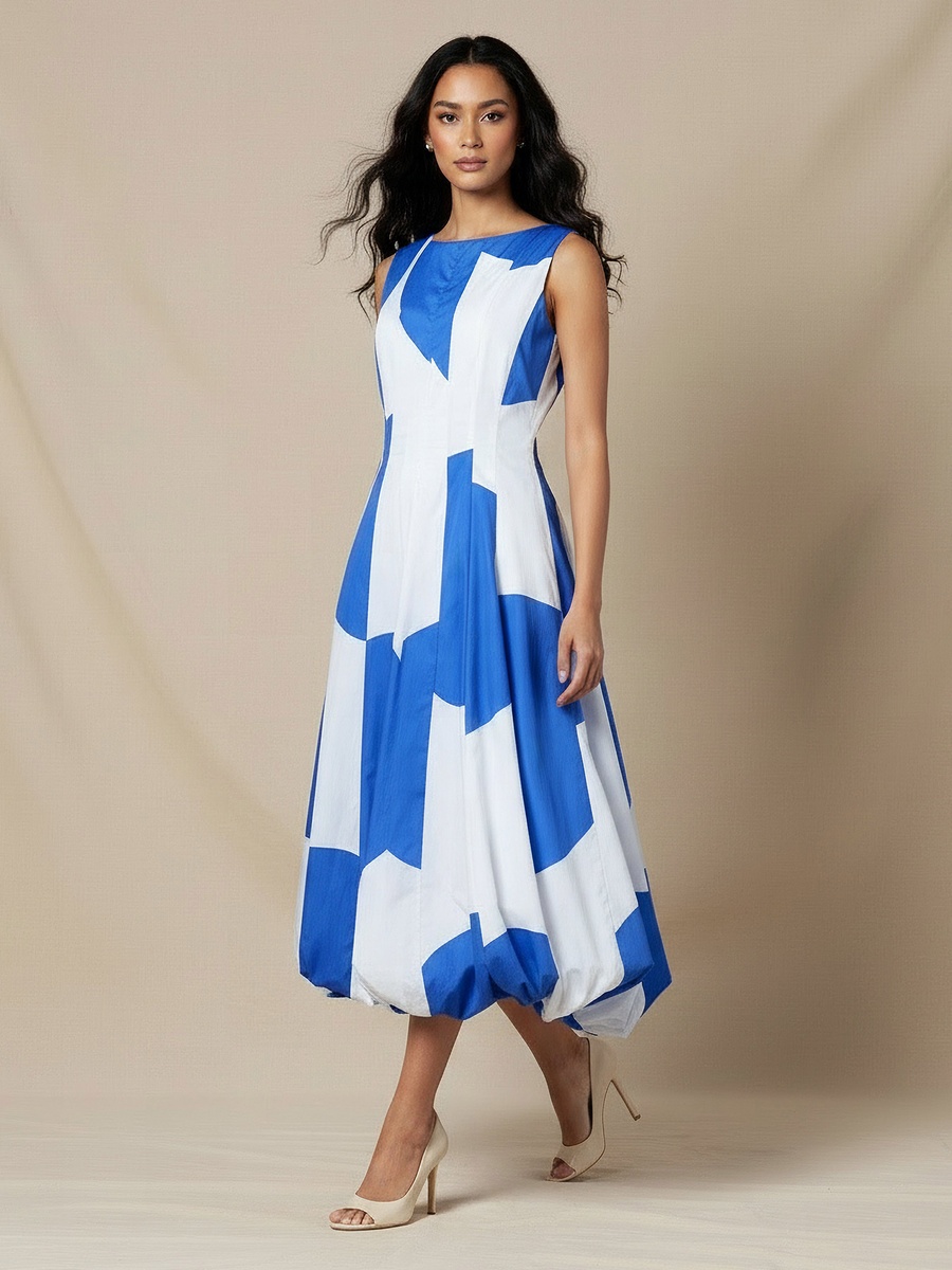 Printed A-Line Dress with Balloon Hem
