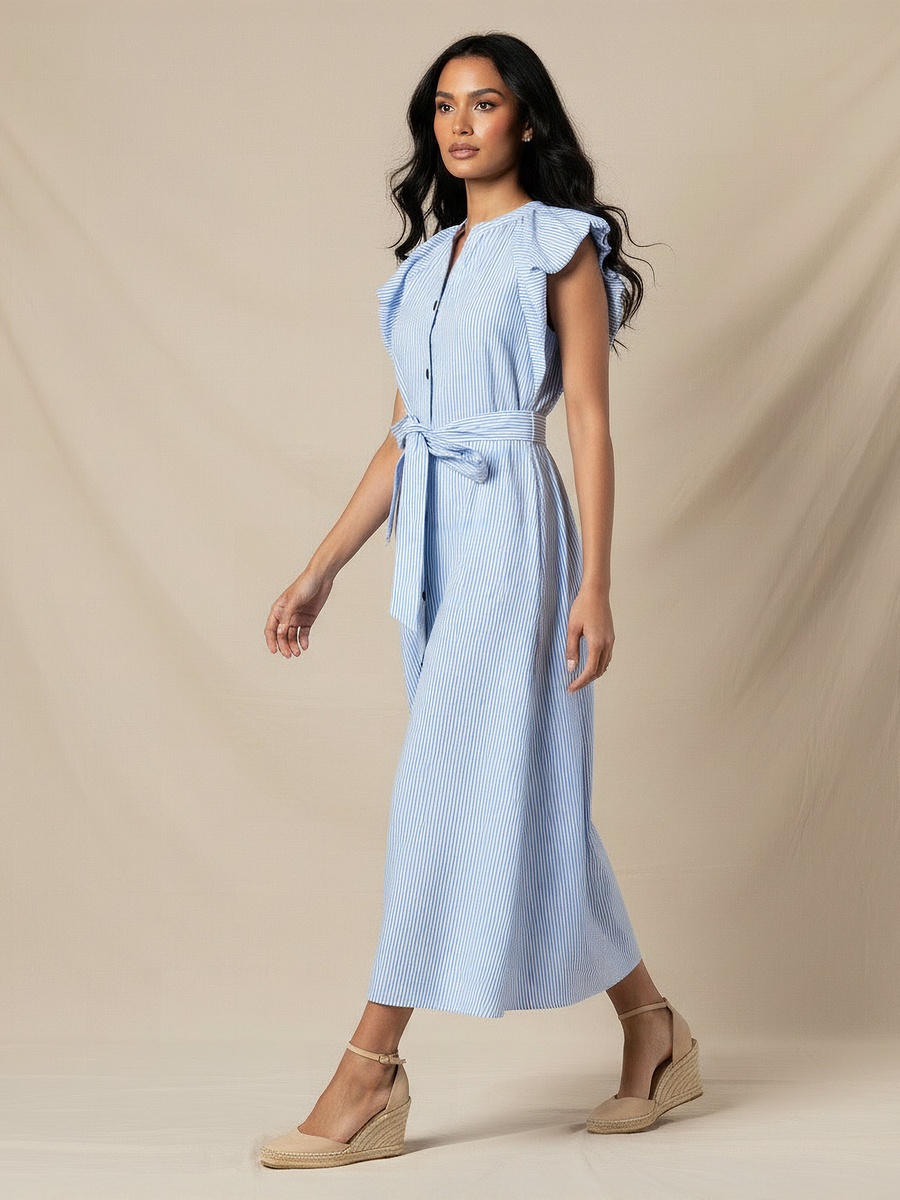 Striped A-Line Dress with Tie-Up Belt