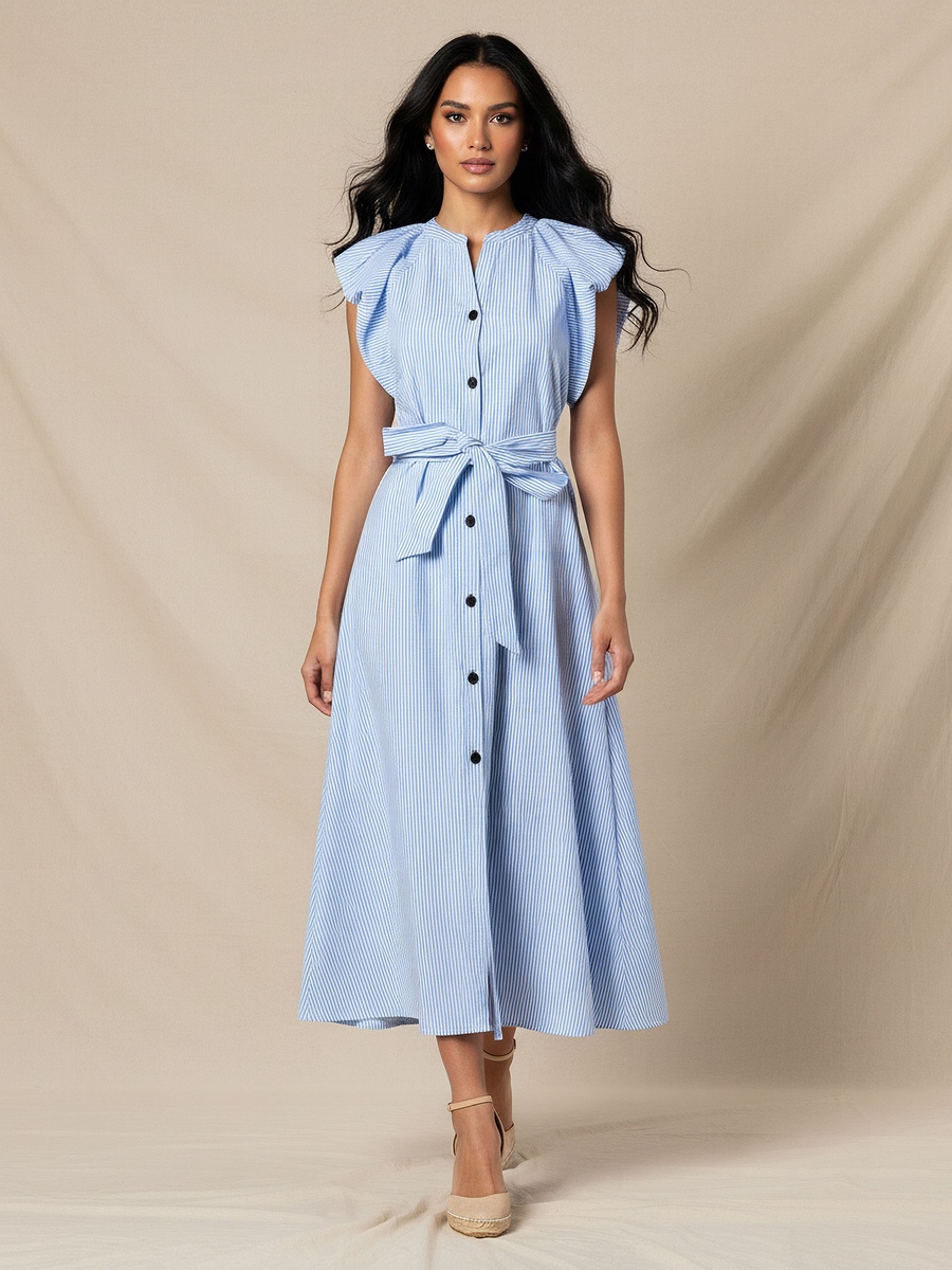 Striped A-Line Dress with Tie-Up Belt