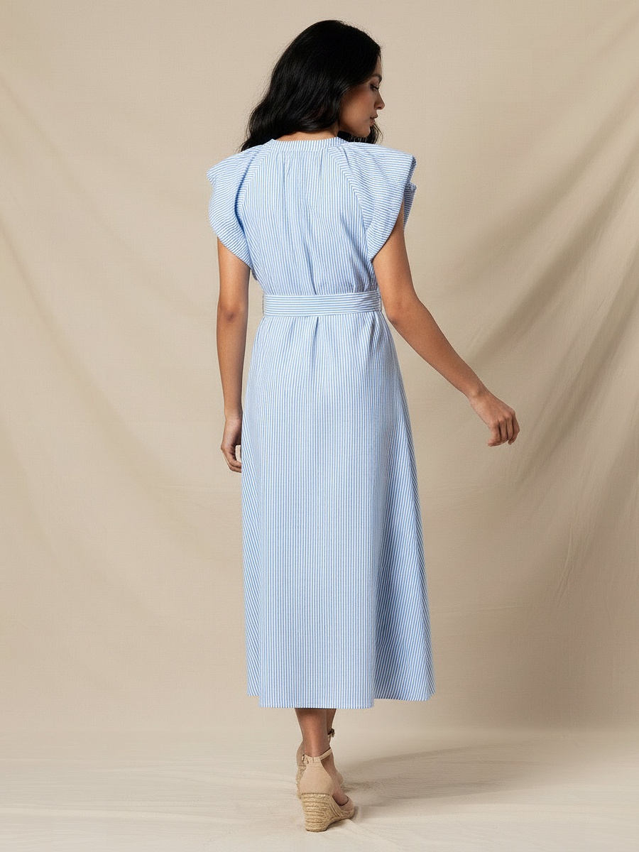 Striped A-Line Dress with Tie-Up Belt