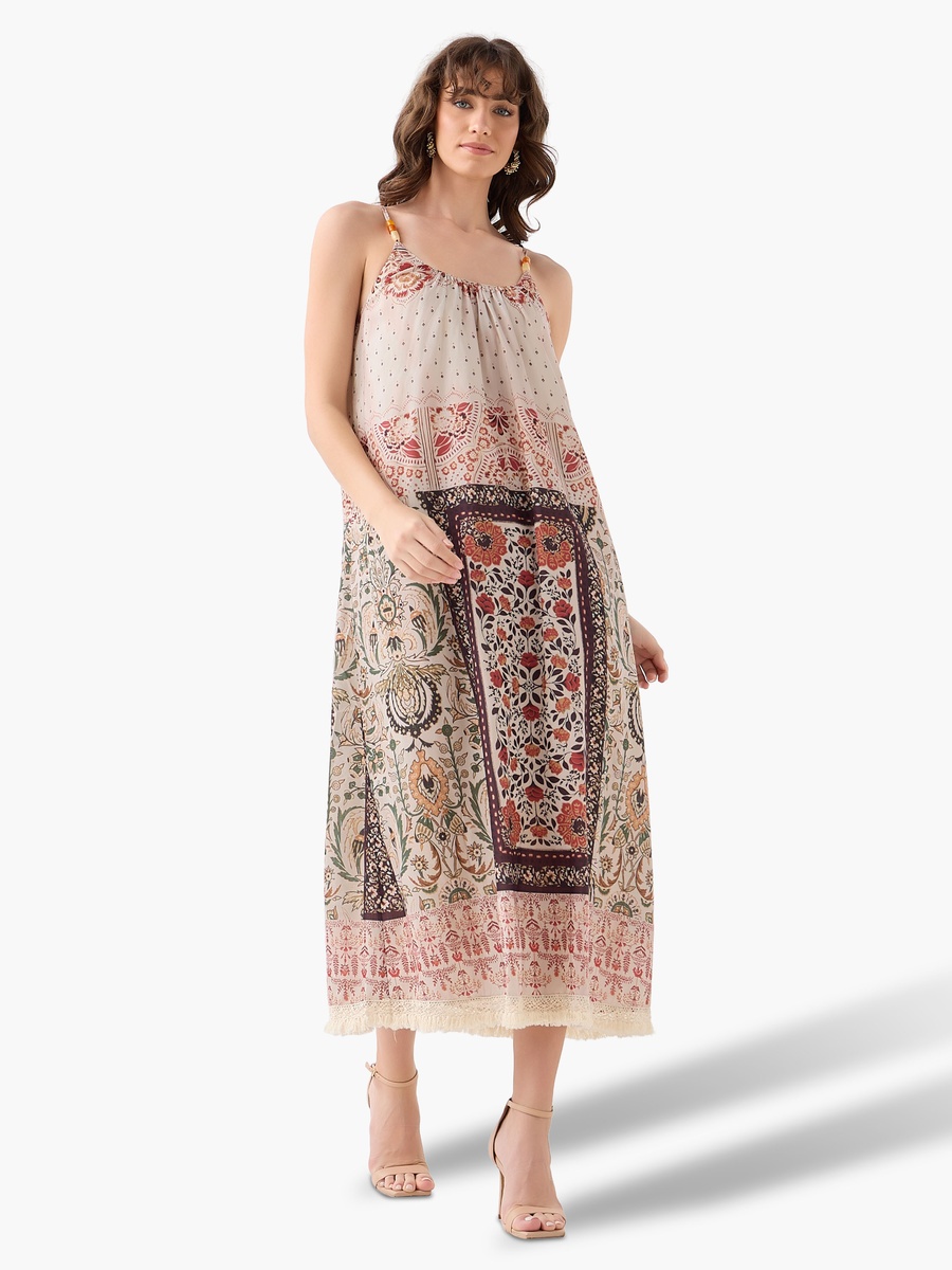 A-Line Strappy Midi Dress with Floral Paisley Print