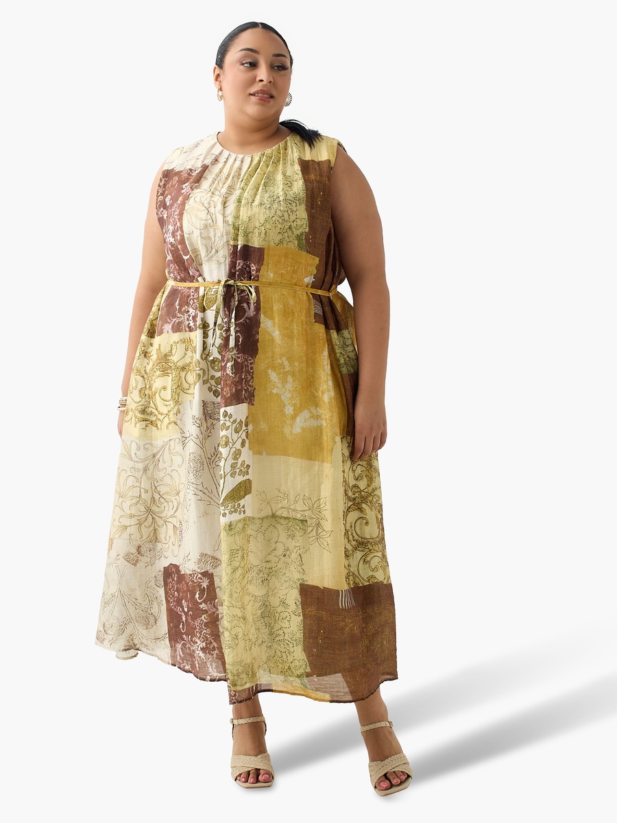 Patch Print A-Line Dress with Belt