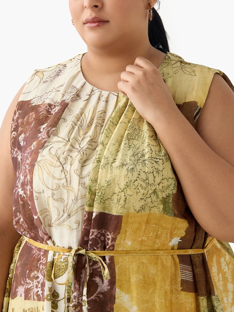 Patch Print A-Line Dress with Belt