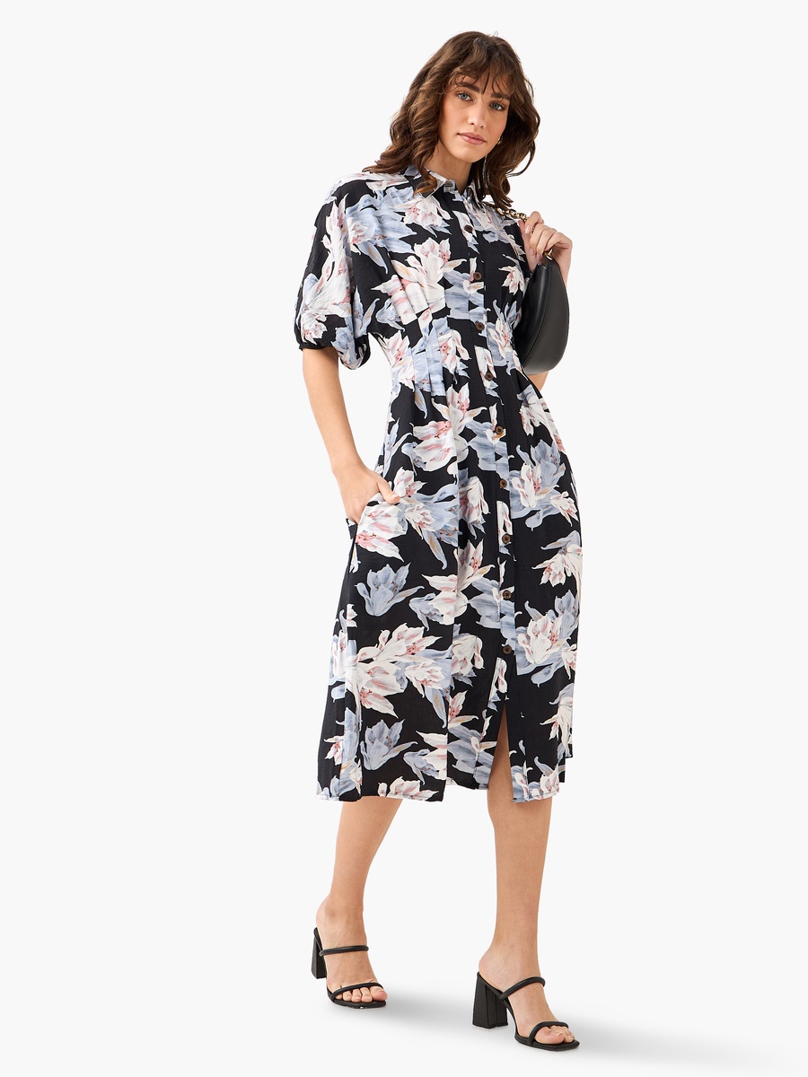 Floral Print Shirt Style Viscose Dress with Collar