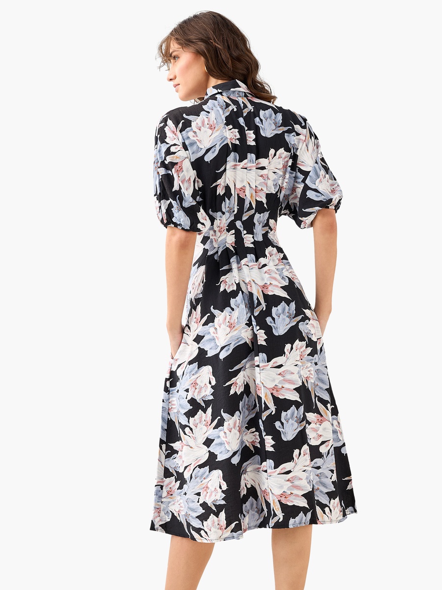Floral Print Shirt Style Viscose Dress with Collar