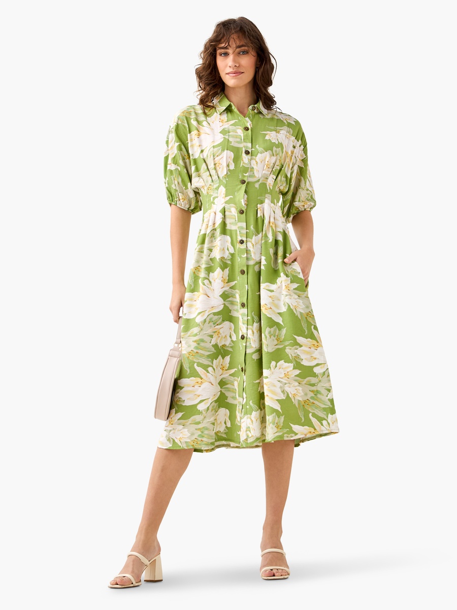 Floral Print Shirt Style Viscose Dress with Collar