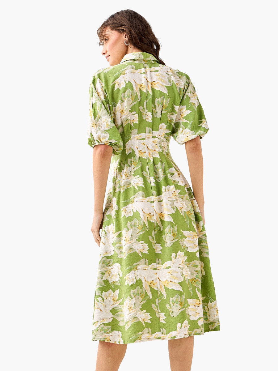 Floral Print Shirt Style Viscose Dress with Collar