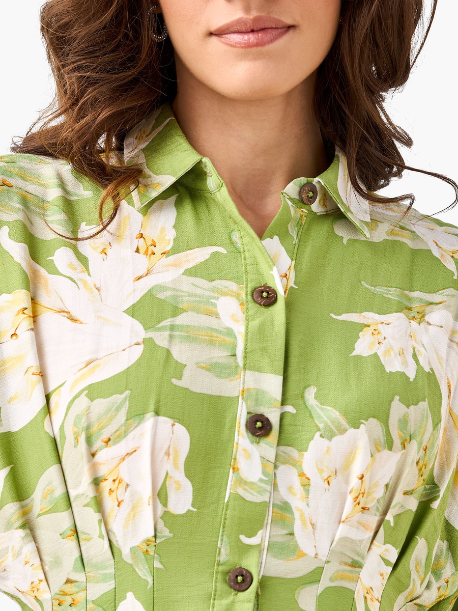 Floral Print Shirt Style Viscose Dress with Collar