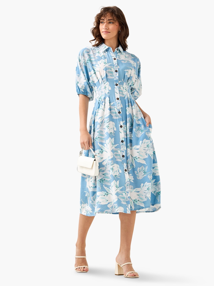 Floral Print Shirt Style Viscose Dress with Collar