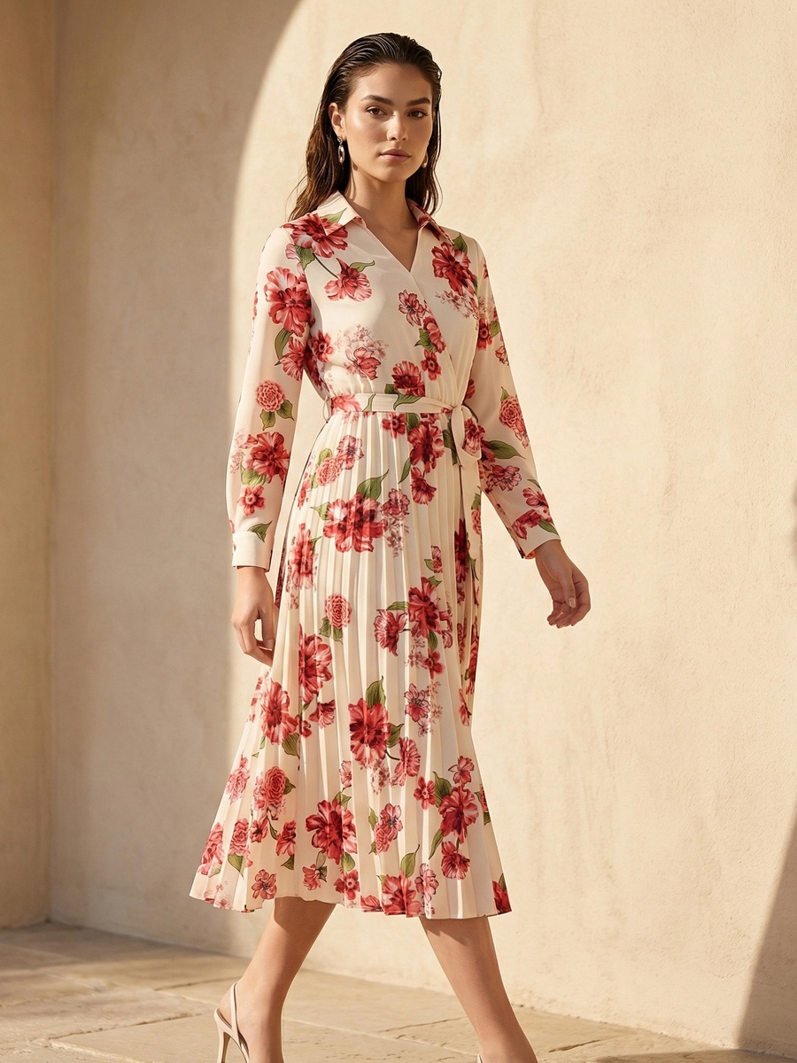 Midi Satin Wrap Dress with Floral Print