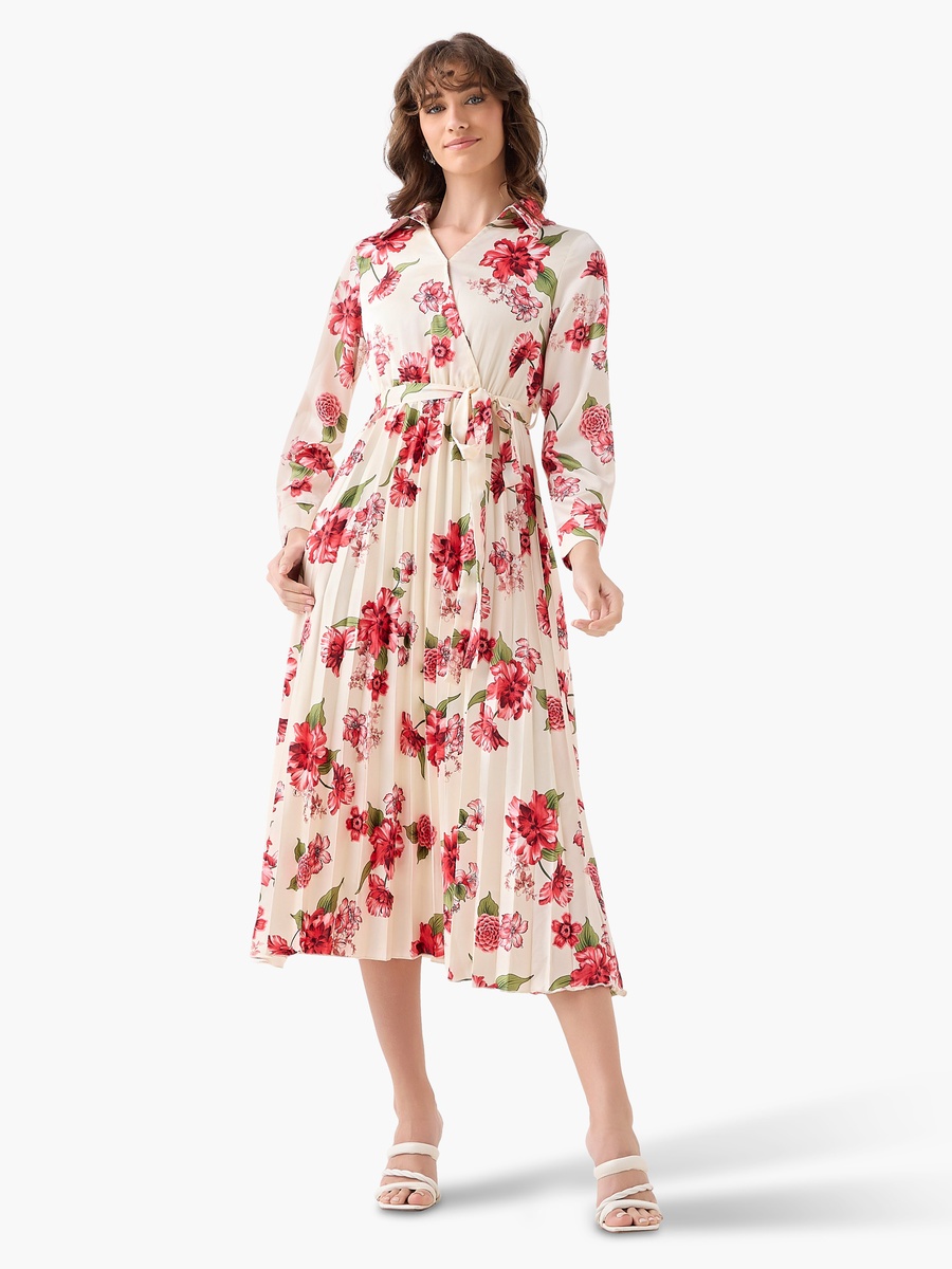 Midi Satin Wrap Dress with Floral Print