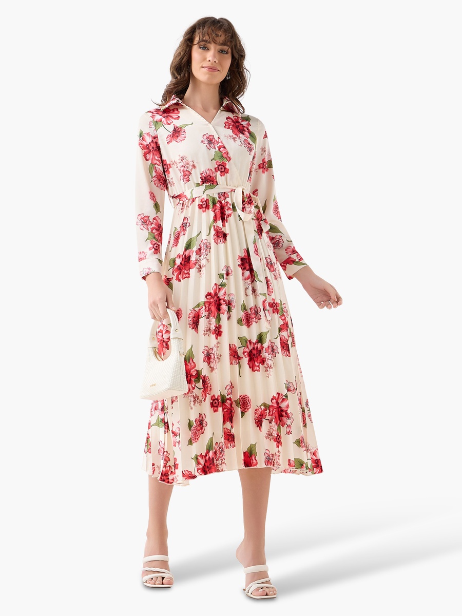 Midi Satin Wrap Dress with Floral Print