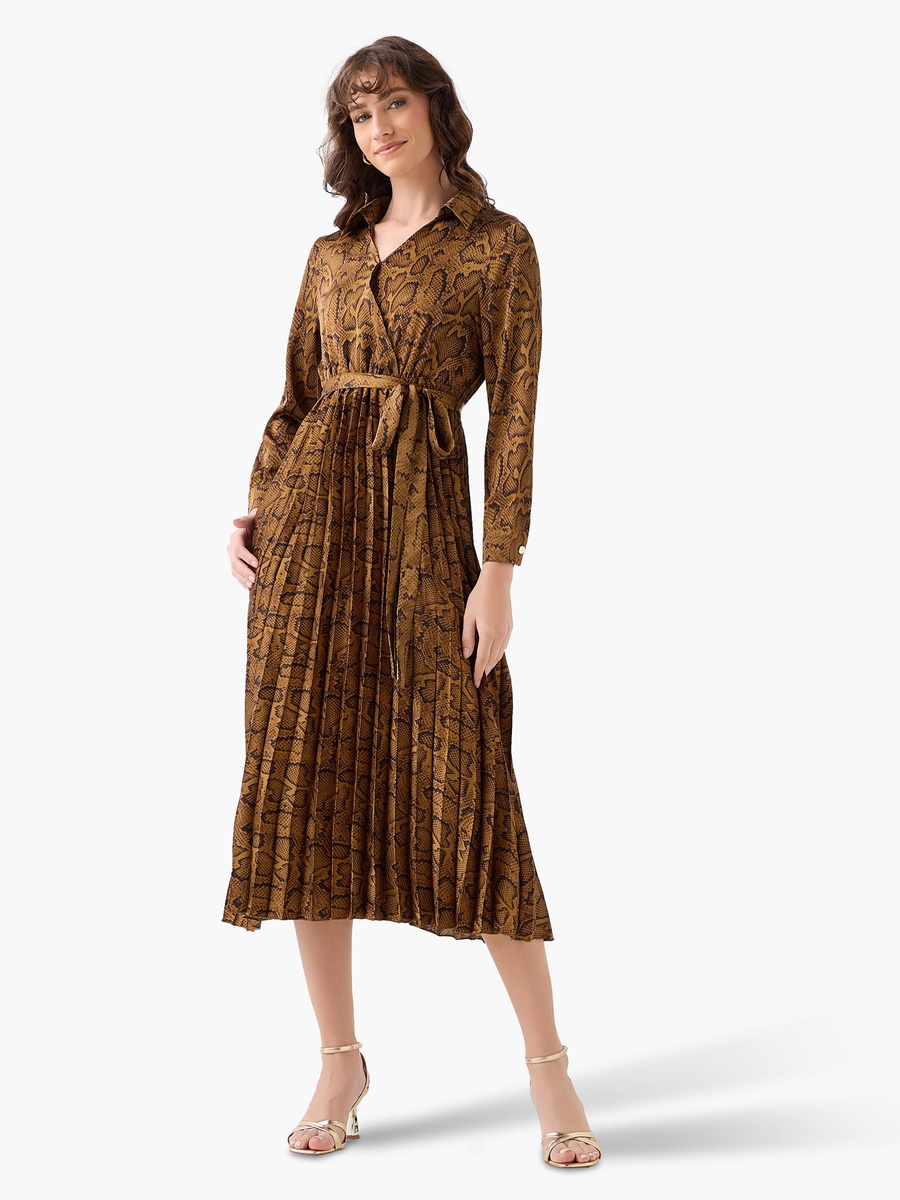 Midi Satin Wrap Dress with Animal Print
