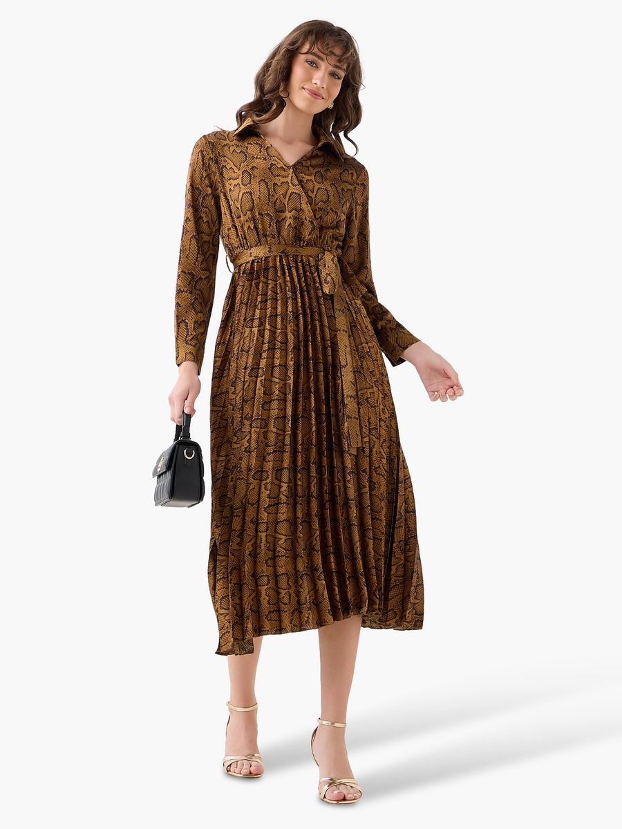 Midi Satin Wrap Dress with Animal Print