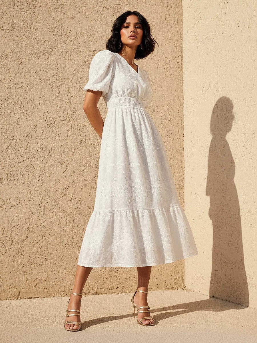 Midi Dress with Puff Sleeves and Embroidery