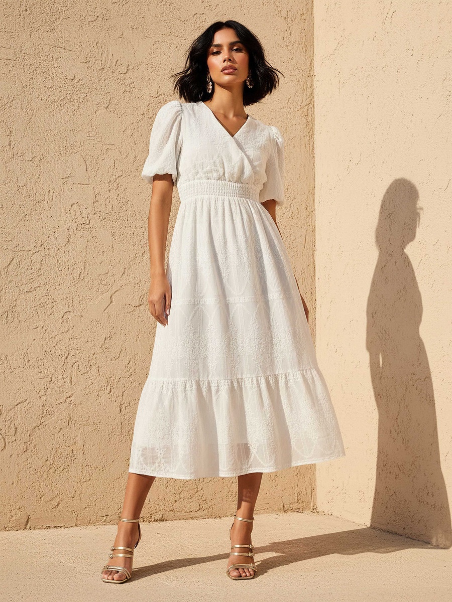 Midi Dress with Puff Sleeves and Embroidery