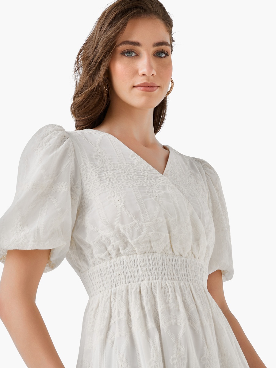 Midi Dress with Puff Sleeves and Embroidery