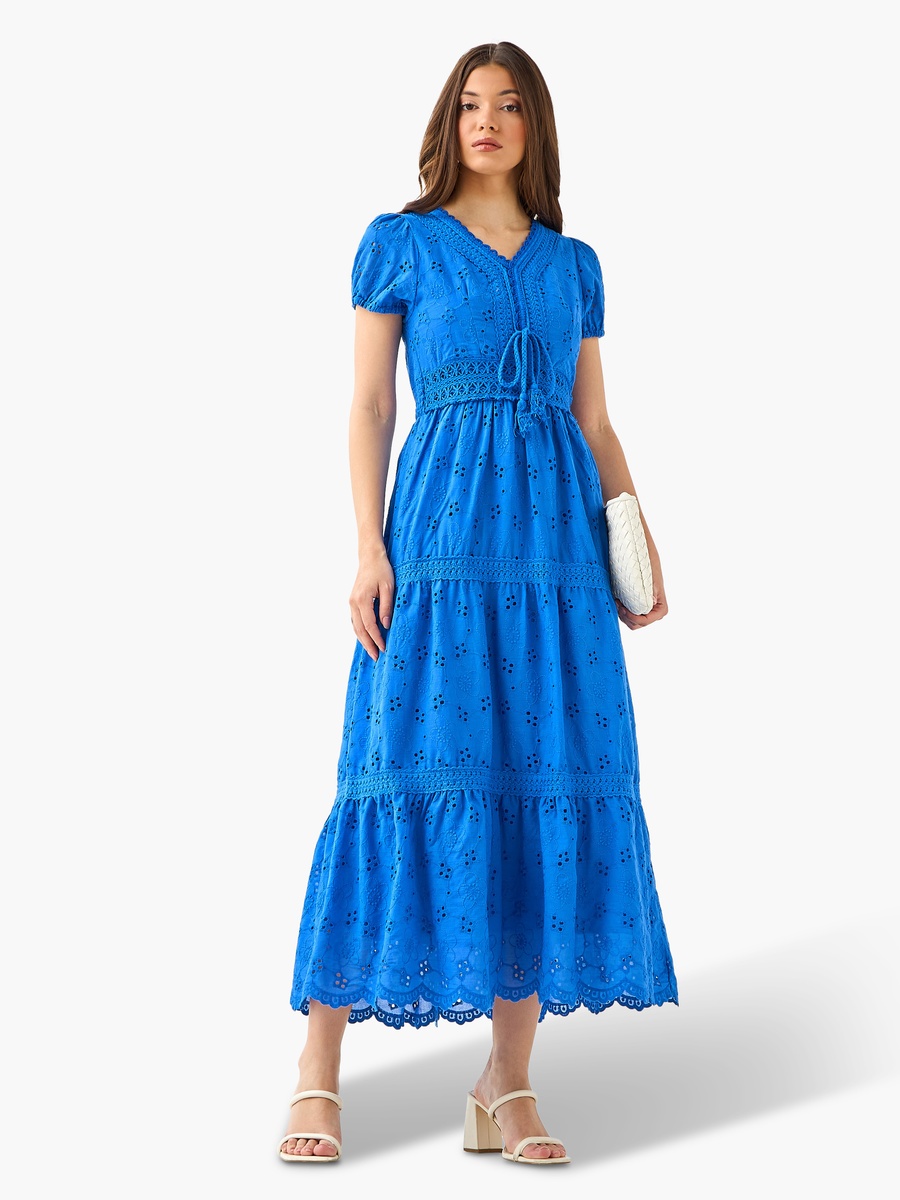A-Line Midi Cotton Tiered Dress with Schiffli Embroidery