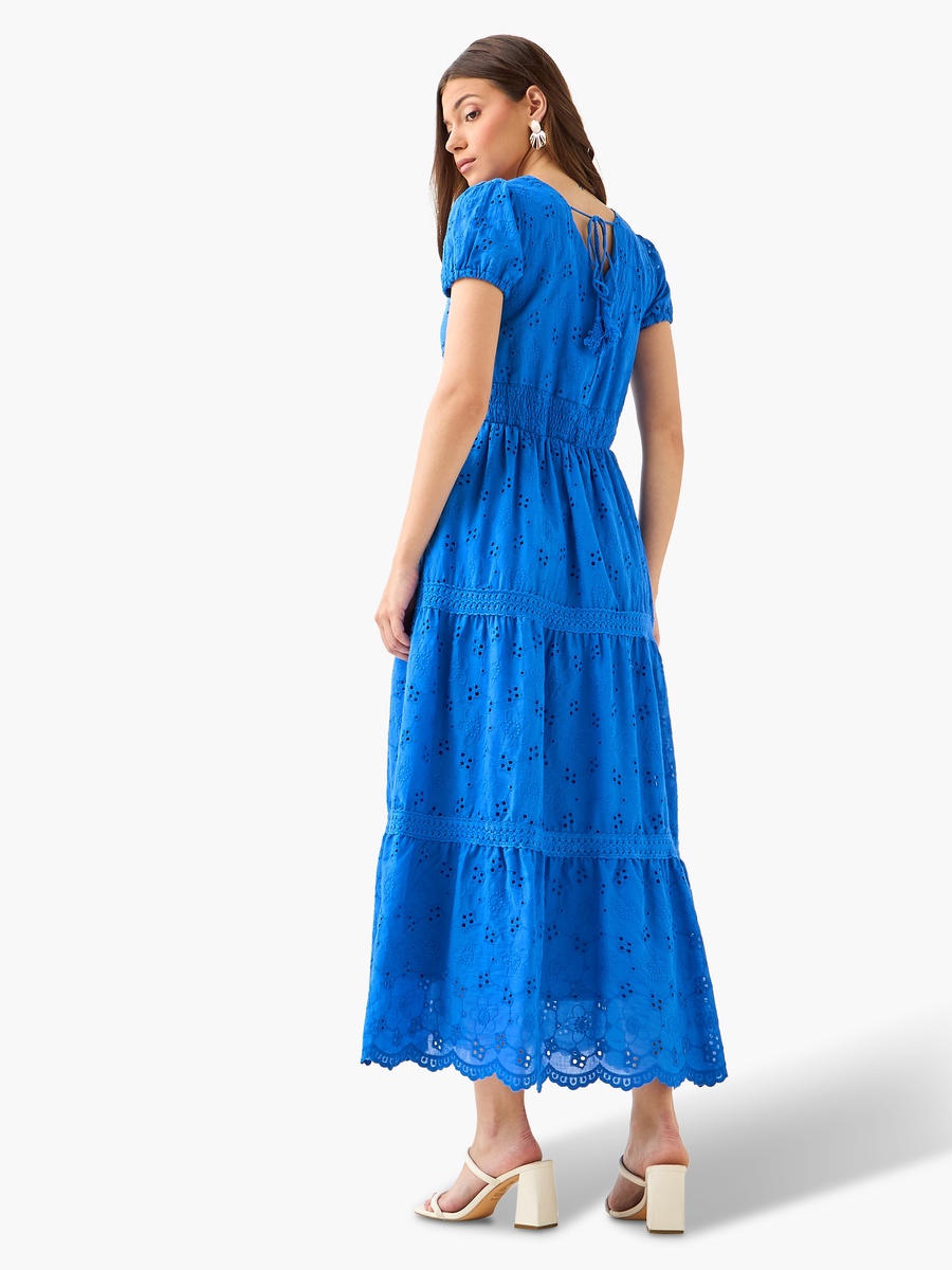 A-Line Midi Cotton Tiered Dress with Schiffli Embroidery