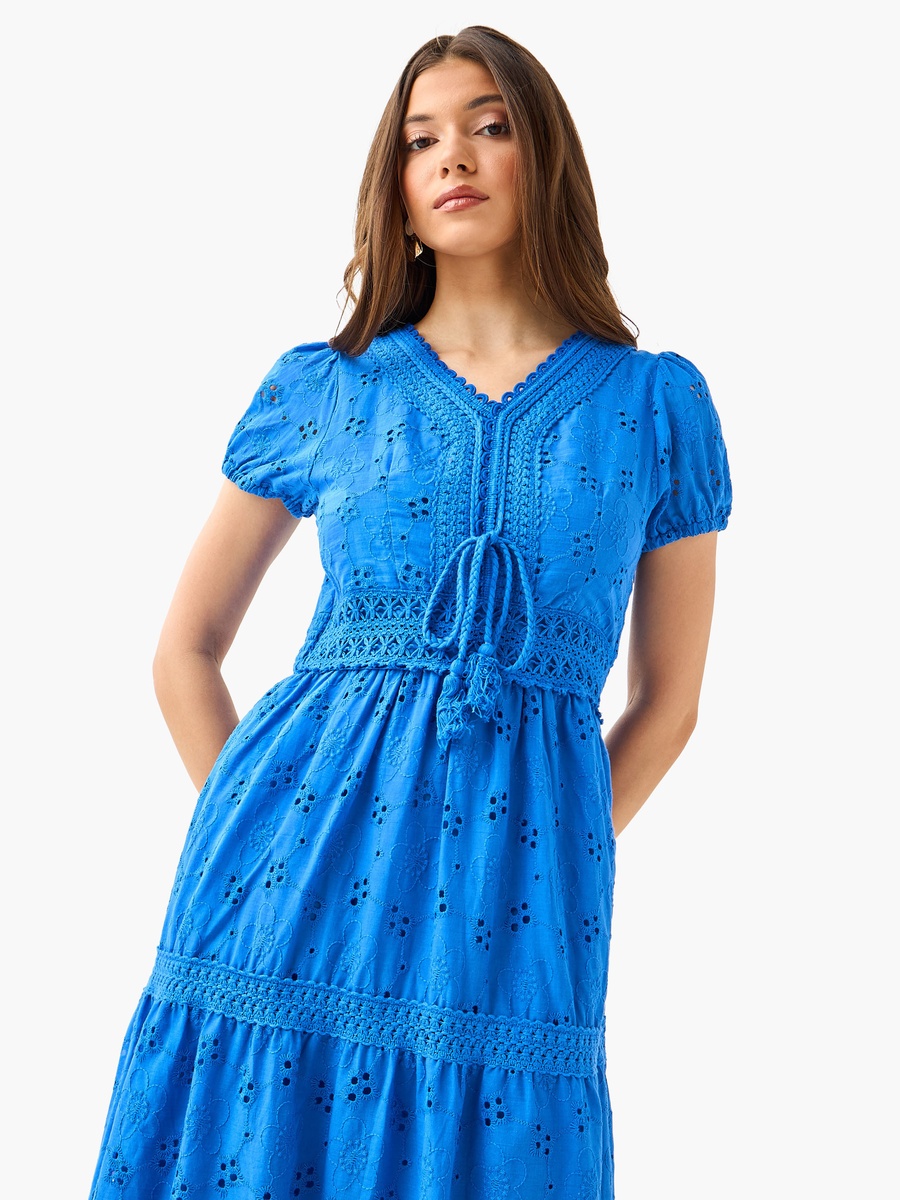A-Line Midi Cotton Tiered Dress with Schiffli Embroidery