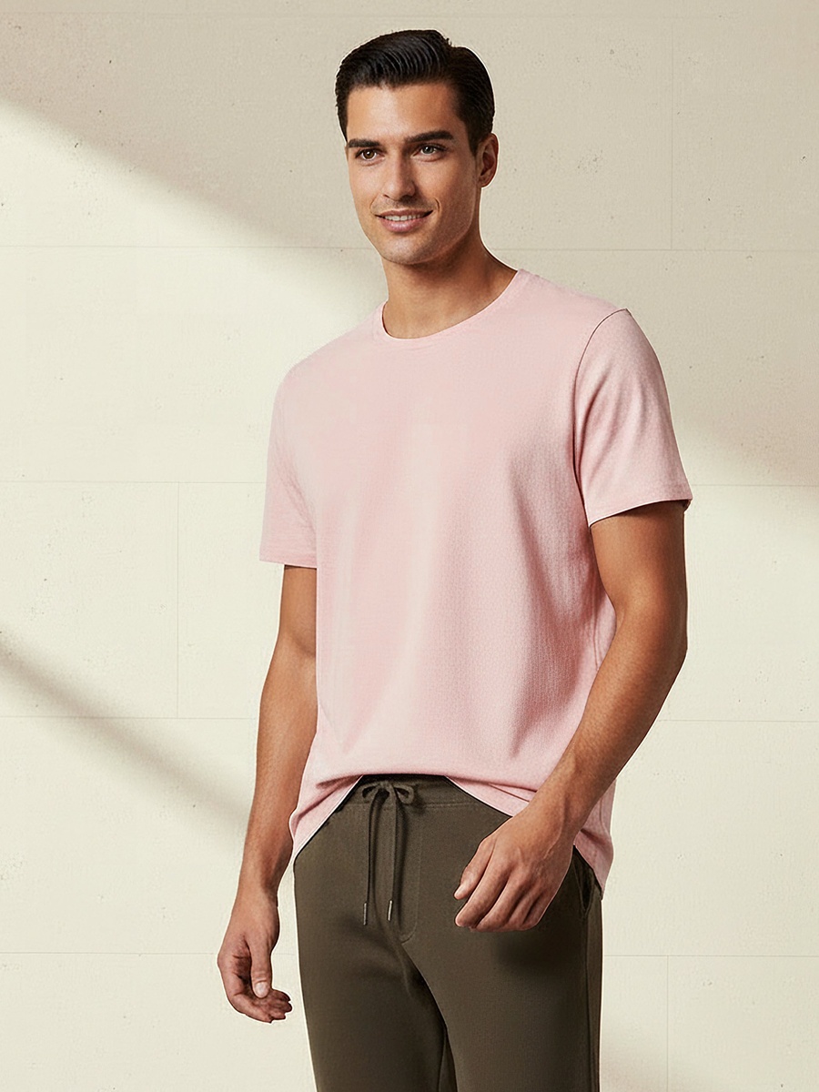 Men Slim Fit Crew Neck Short Sleeves Popcorn Textured T-Shirt