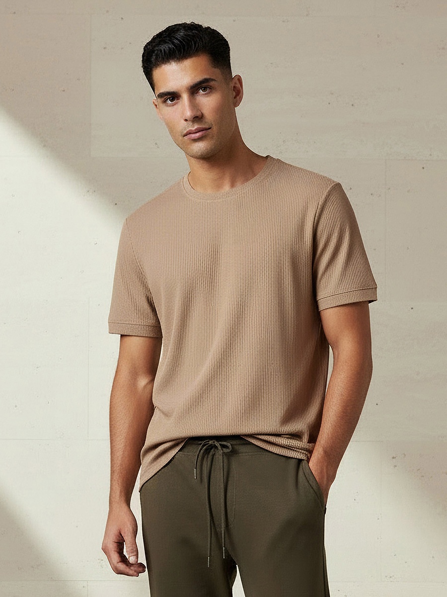 Men Regular Fit Crew Neck Short Sleeve Ribbed T-Shirt