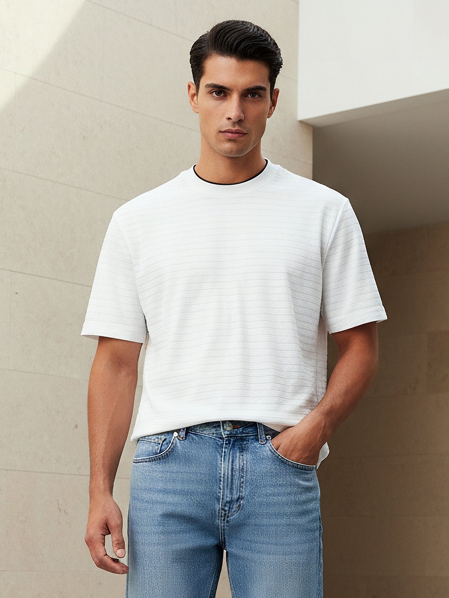 Men Regular Fit Crew Neck Short Sleeve Textured T-Shirt