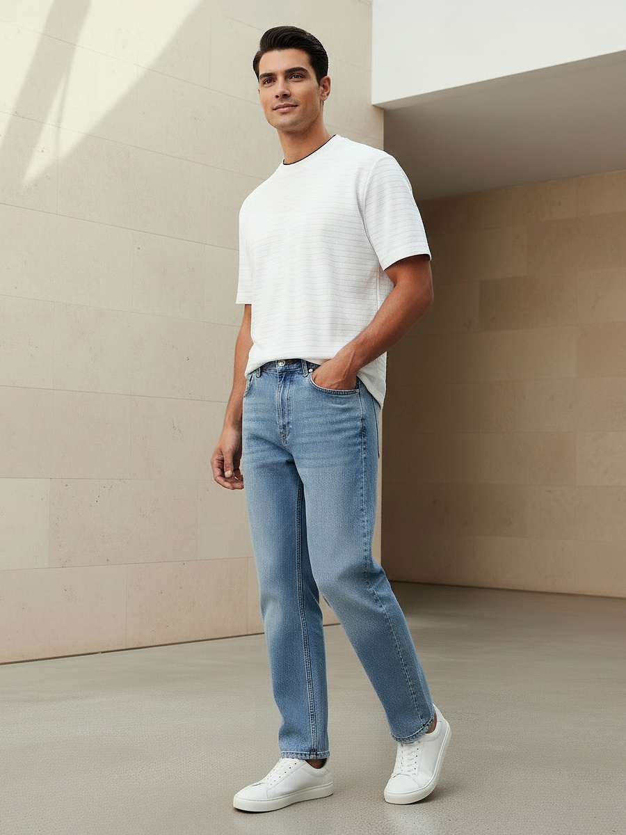 Men Regular Fit Crew Neck Short Sleeve Textured T-Shirt