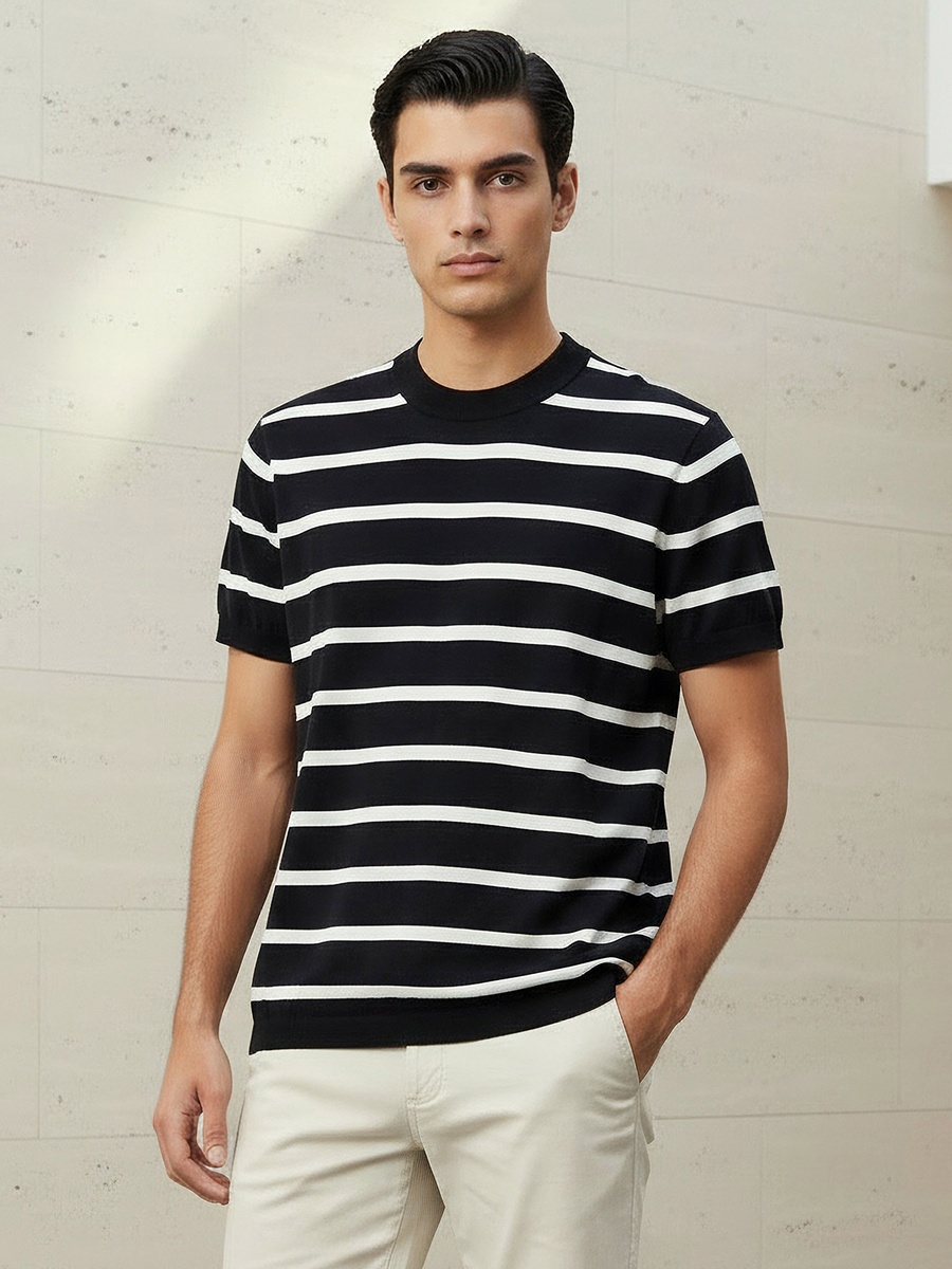 Men Regular Fit Crew Neck Short Sleeves Striped T-Shirt