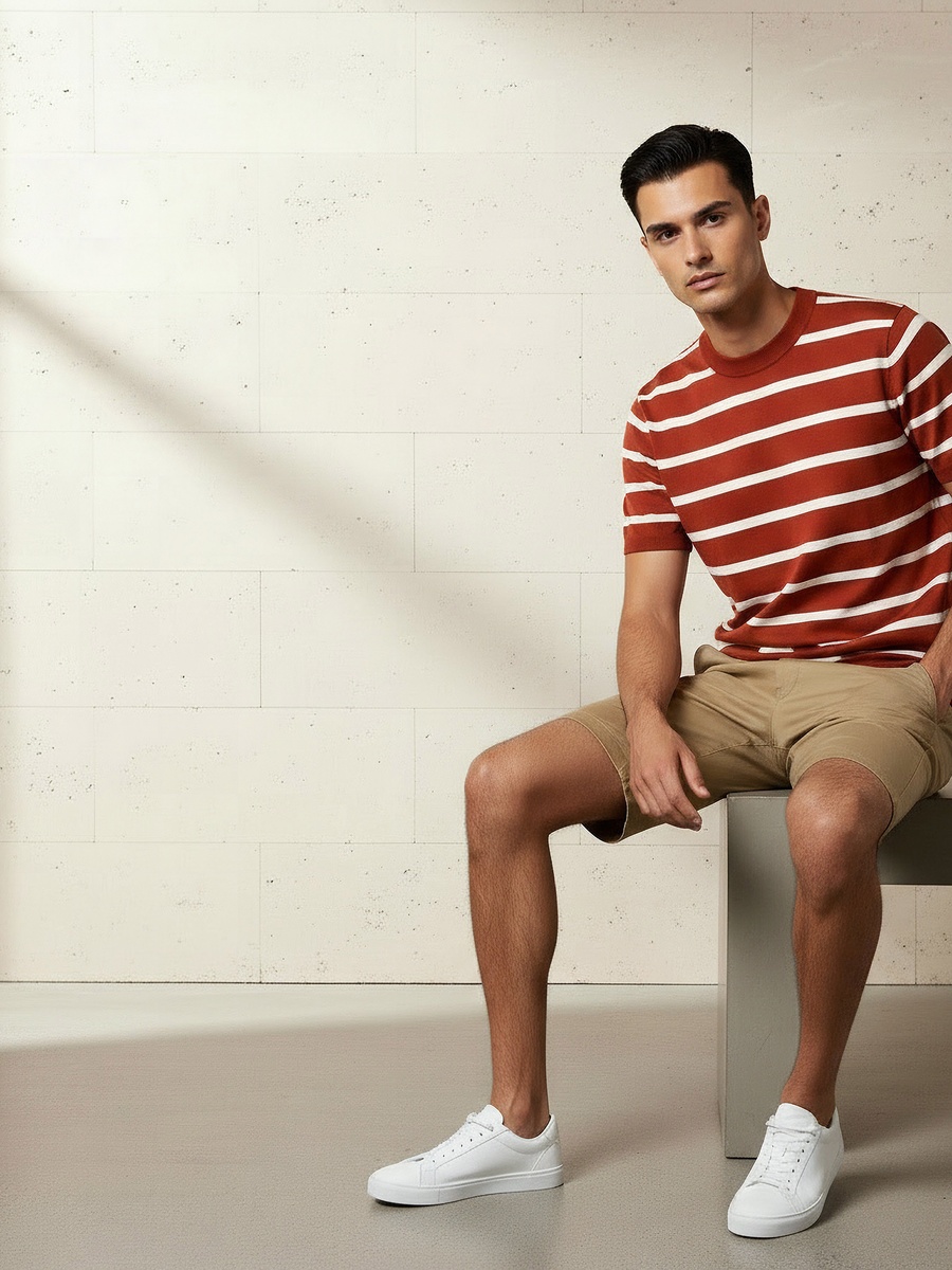 Men Regular Fit Crew Neck Short Sleeves Striped T-Shirt