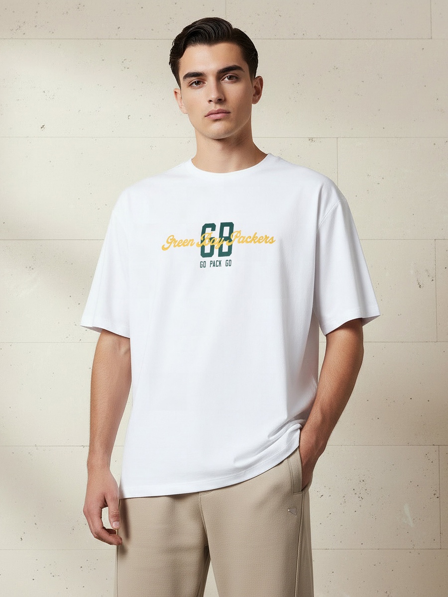 Men Relaxed Fit Crew Neck Short Sleeves Green Bay Packers Print T-Shirt