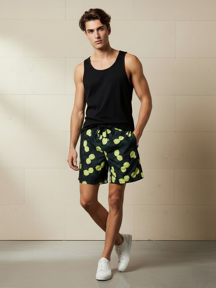 Men Lemon Print Swim Shorts