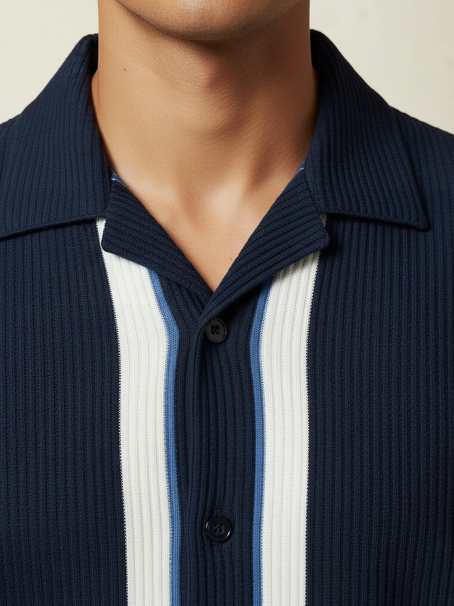 Men Slim Fit Camp Collar Striped Short Sleeve Shirt