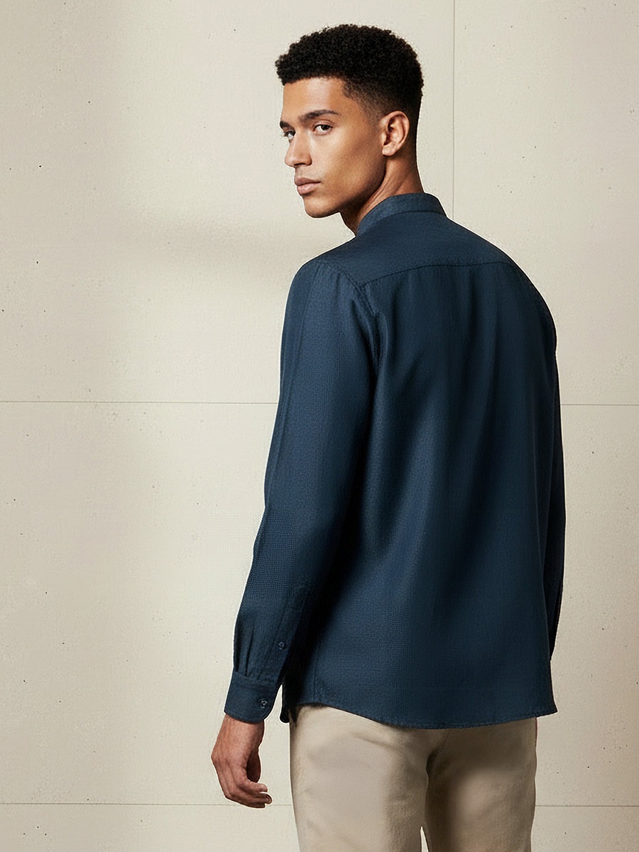 Men Regular Fit Mandarin Collar Long Sleeves Linen Look Shirt