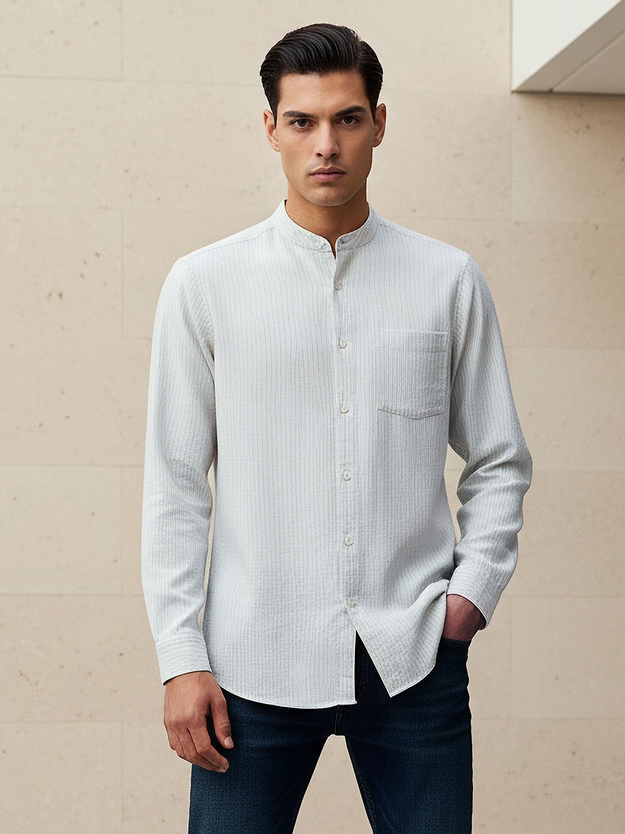 Men Regular Fit Mandarin Collar Striped Long Sleeves Shirt