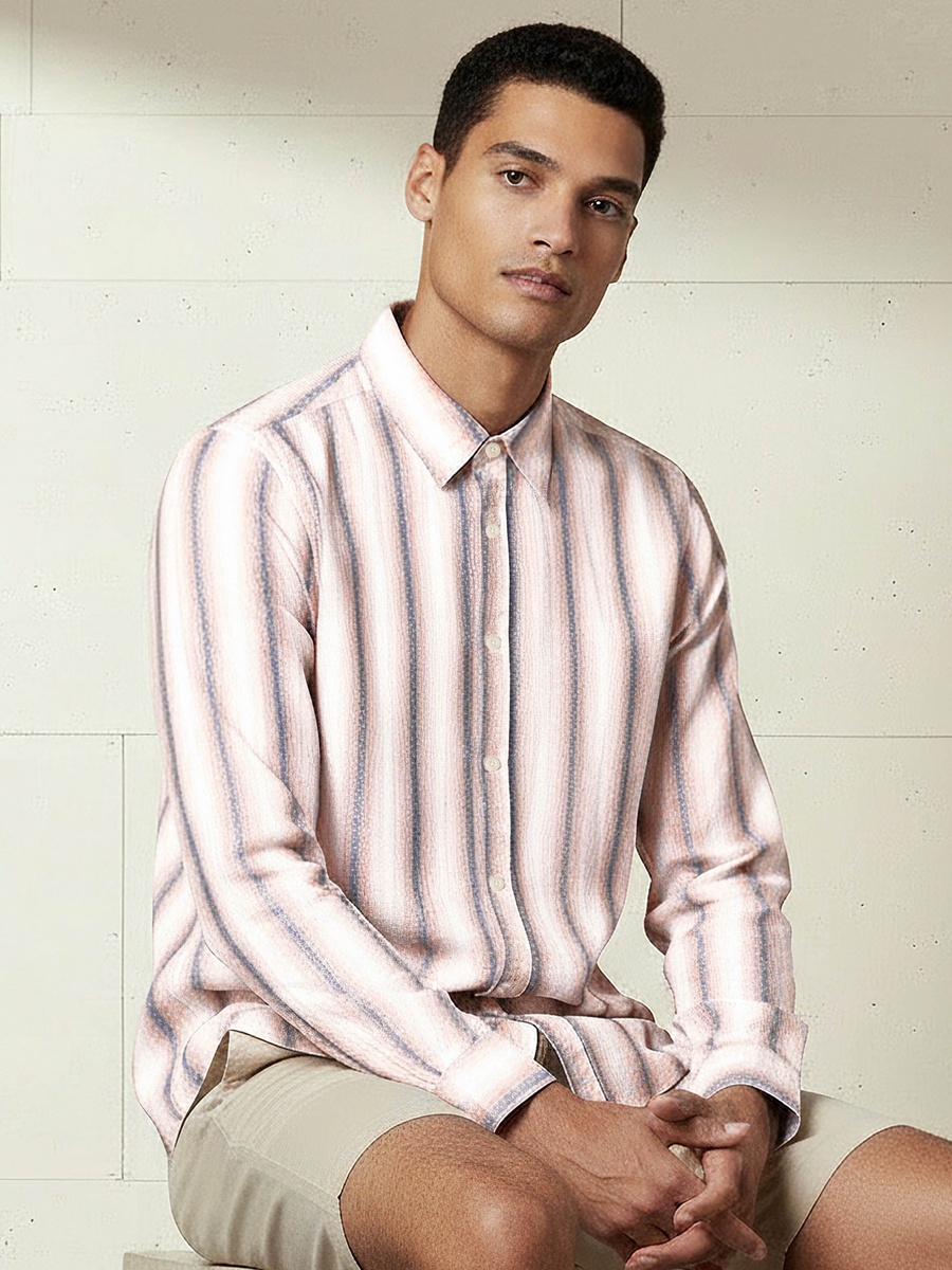 Men Regular Fit Collared Striped Long Sleeve Shirt