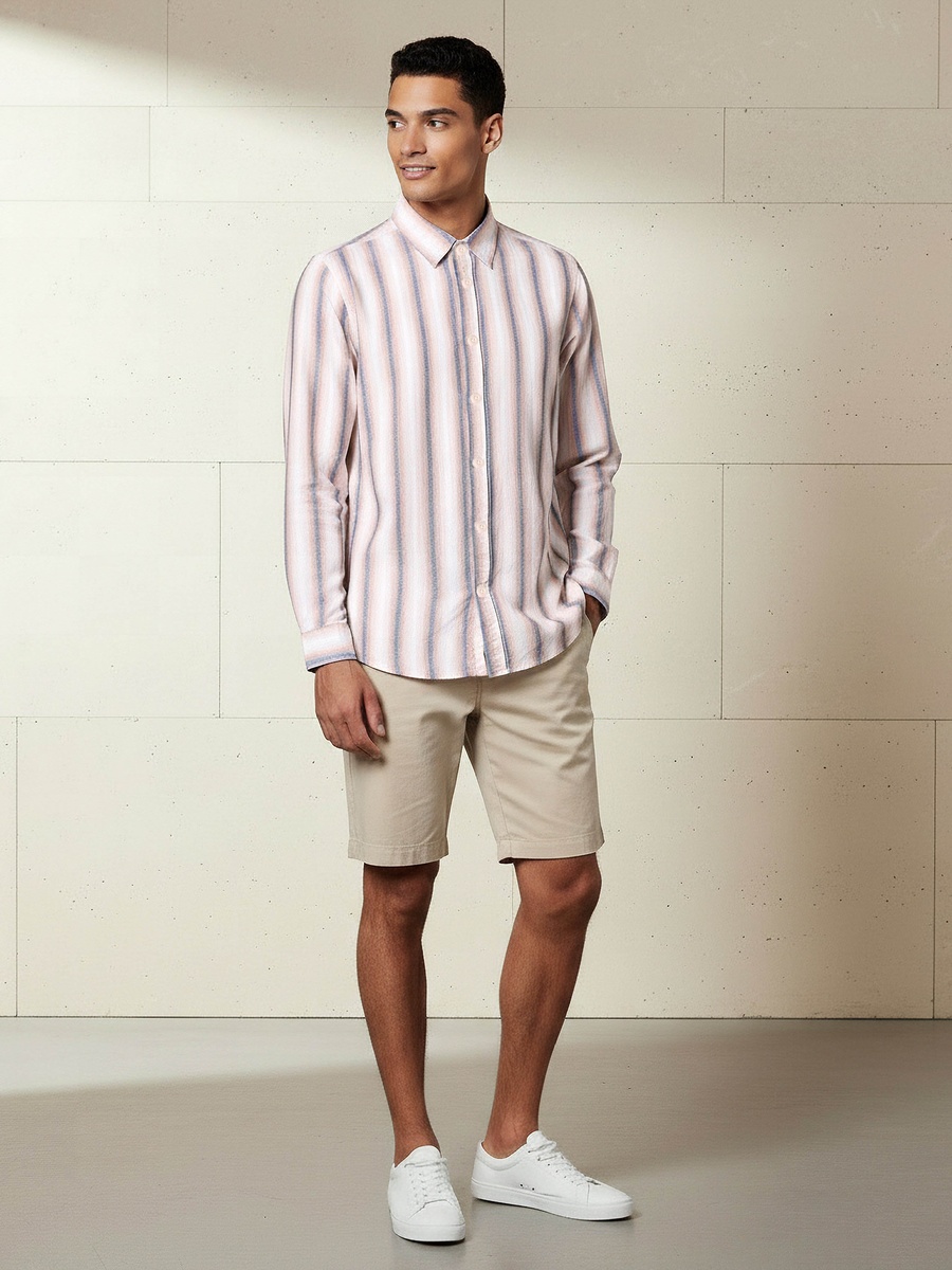 Men Regular Fit Collared Striped Long Sleeve Shirt