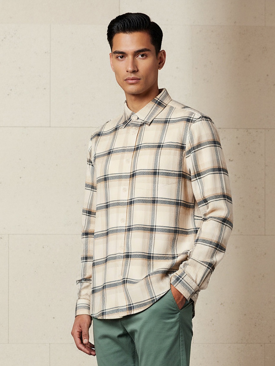 Men Regular Fit Collared Checked Long Sleeve Shirt