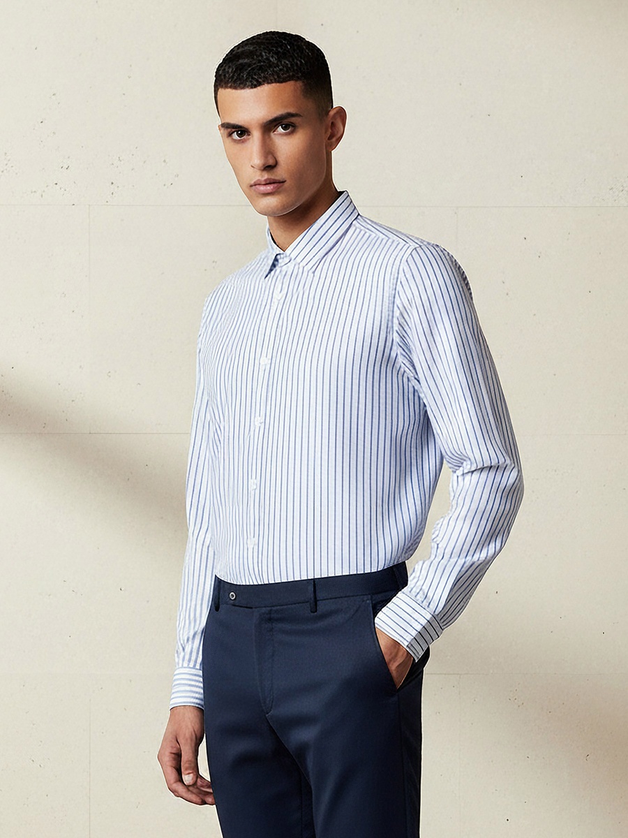 Men Regular Fit Collared Striped Long Sleeve Shirt