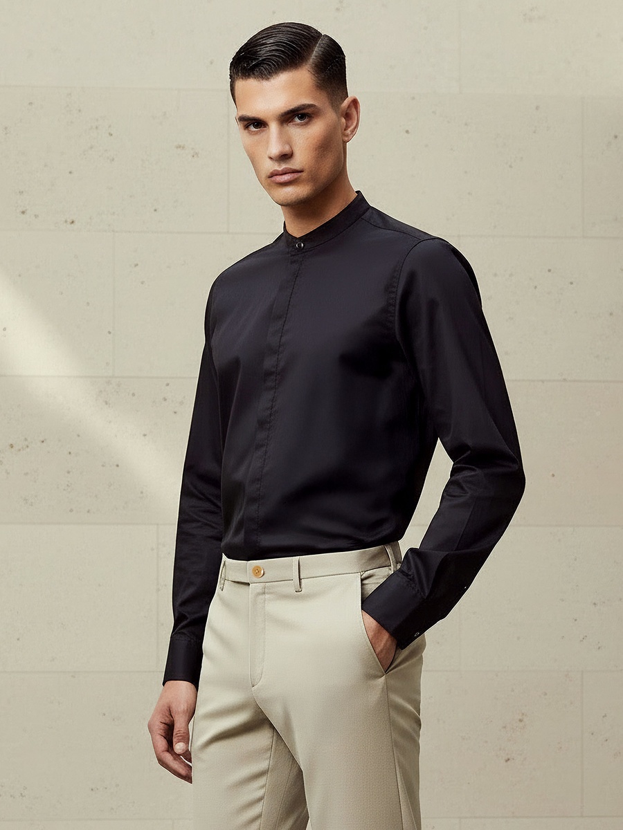 Men Regular Fit Mandarin Collar Long Sleeves Shirt